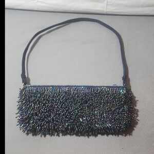 Inge Christopher Blue Beaded Shoulder Bag Zip Closure Lined Formal Party Small